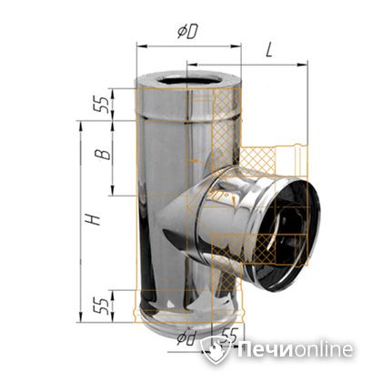 Дымоход Феррум Тройник утепленный нержавеющий 0.5/оцинкованный 90гр. d-150/210 по воде в Иванове